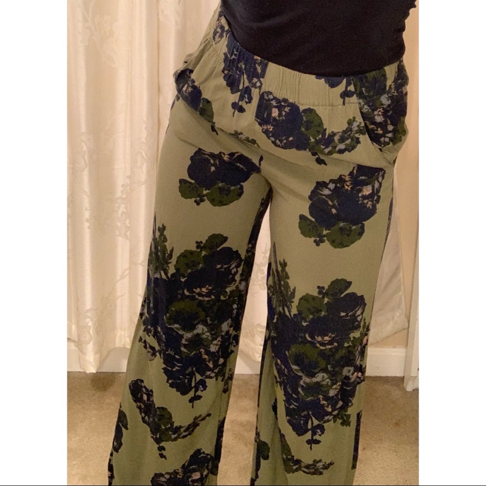 H&M Wide-leg Olive Floral Pants (with pockets)